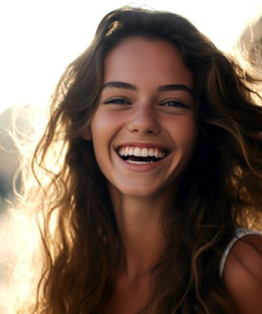 Happy, smiling young woman standing outdoors during golden hour